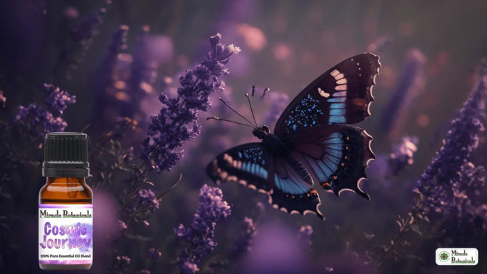 Cosmic Journey essential oil blend bottle beside a dark blue butterfly resting on purple lavender flowers