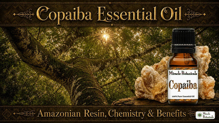 Copaiba essential oil bottle with amber resin in a sunlit forest, with text: Copaiba Essential Oil, Amazonian Resin, Chemistry & Benefits