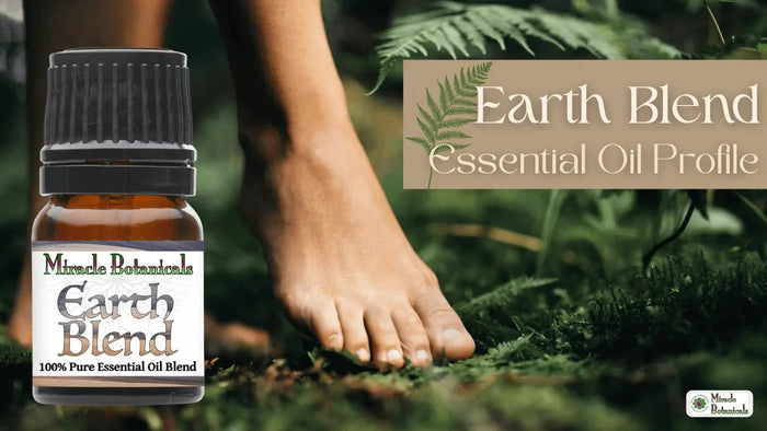 Earth Blend essential oil bottle beside a bare foot stepping on moss, with text: Earth Blend Essential Oil Profile