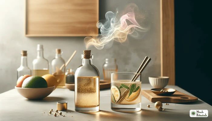 Kitchen counter with glass bottles, a bowl of citrus and a herbal drink with rising steam