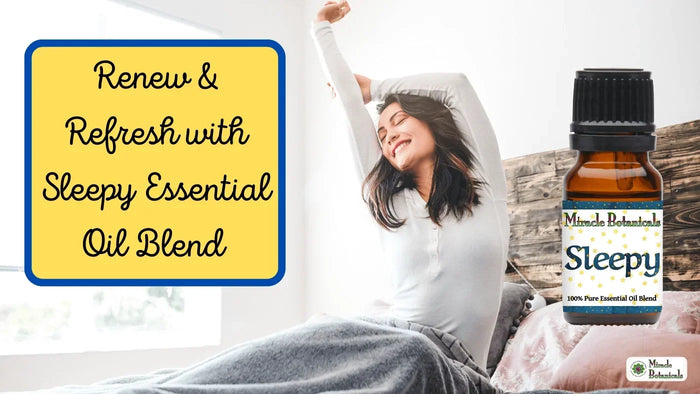 Smiling woman stretching in bed beside a Sleepy blend bottle, with text: Renew & Refresh with Sleepy Essential Oil Blend