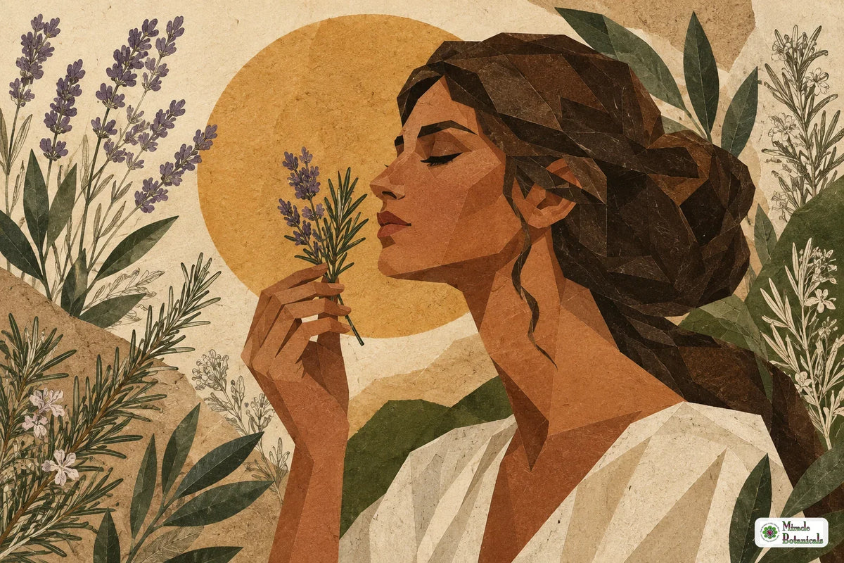 Angular paper-cut portrait with lavender, rosemary and botanical line drawings