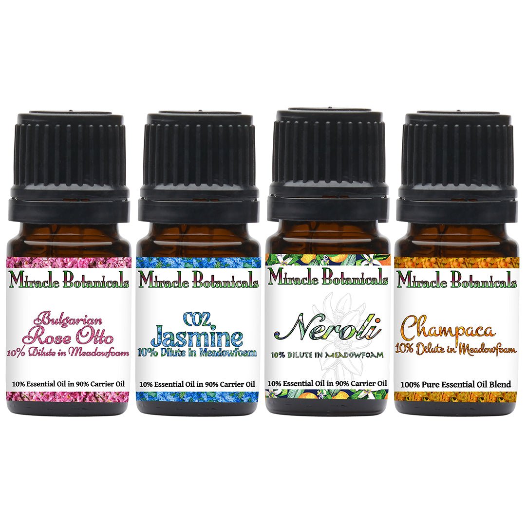 Secret Flower Garden Essential Oil Dilute Set - 4 Exotic Florals from Bulgaria, India, and Egypt - Miracle Botanicals Essential Oils